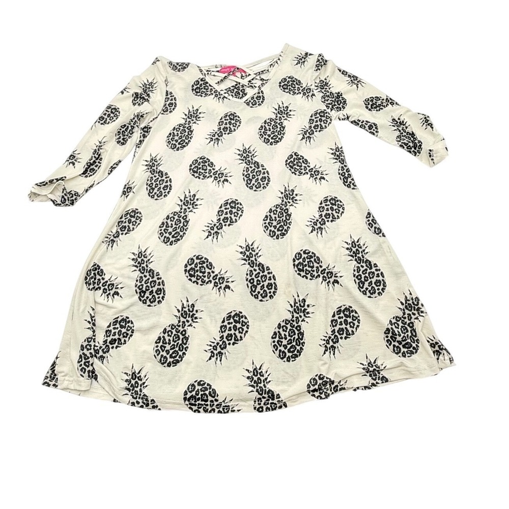 Simply Southern Leopard Pineapple Lattice Neck Tunic Top White Black‎ Small